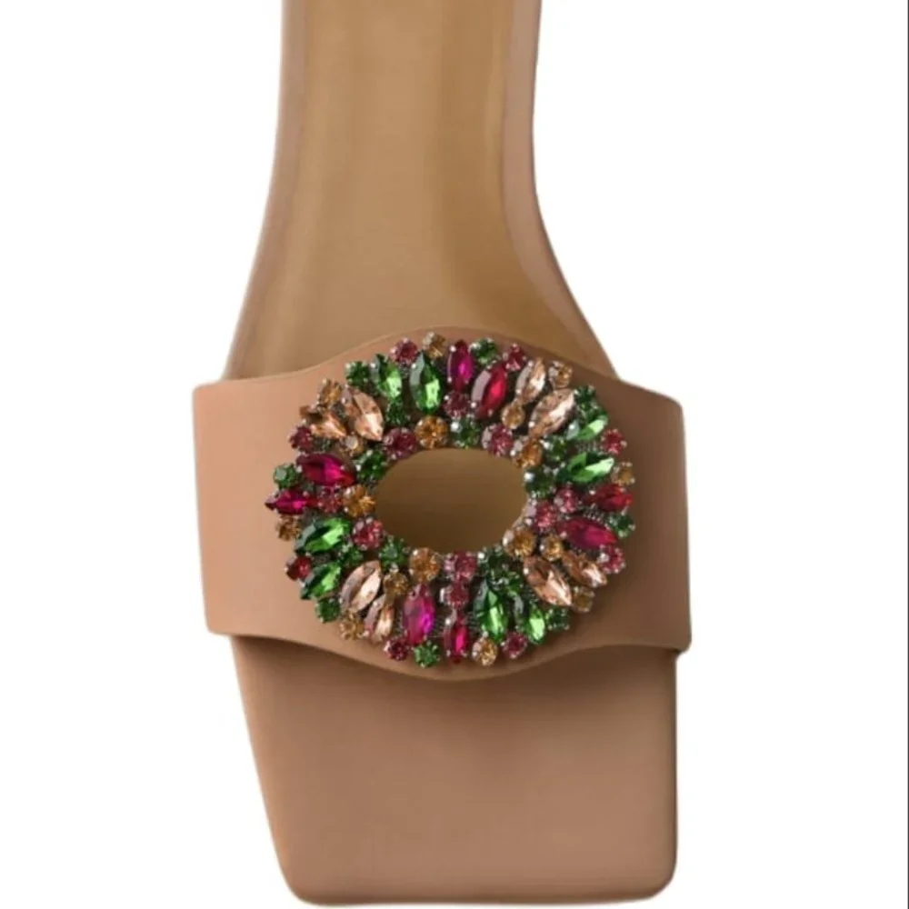 Beige Jewel-Embellished Slide Sandals - Picture 5 of 6